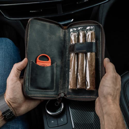 Open leather cigar case