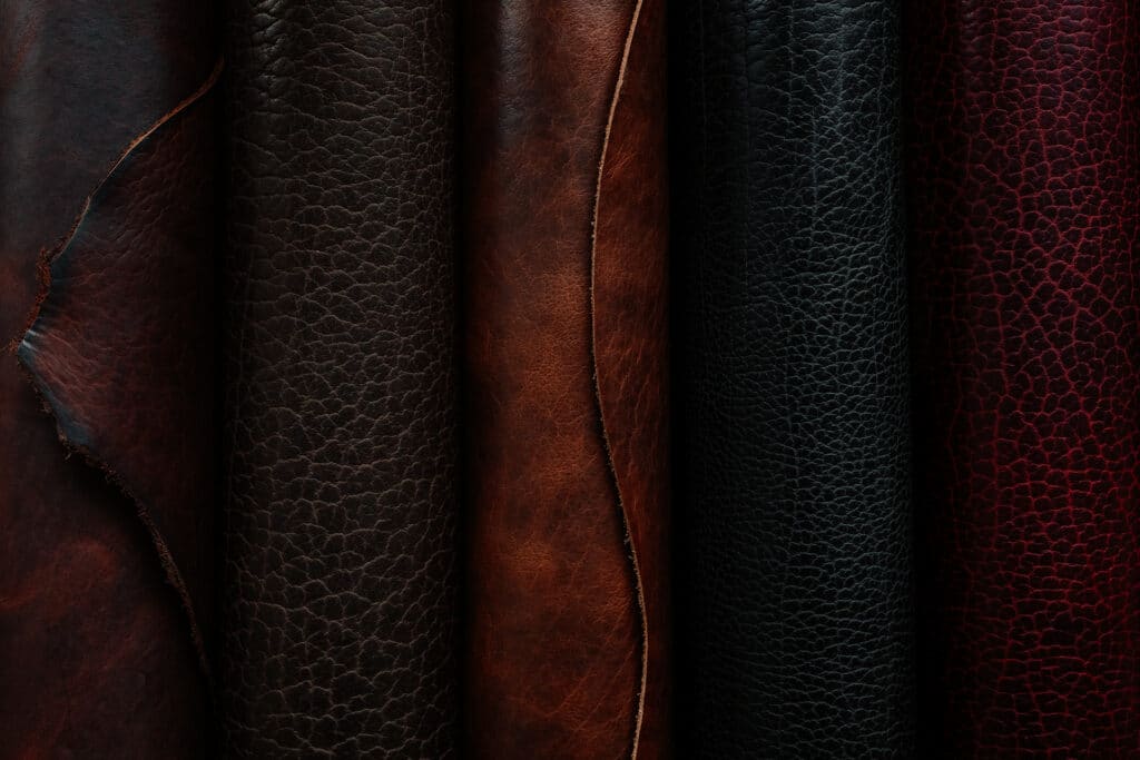 Five rolls of textured bison leather in different colors: dark mahogany, chocolate brown, bison brown, black, and red (sequoia)